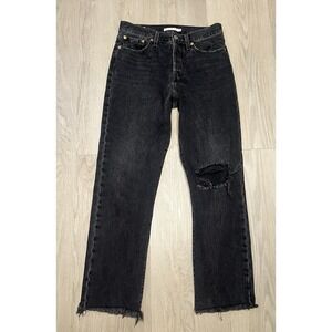 Levi's Wedgie Straight Jeans Distressed Black Raw Hem Ripped Knee 28 Button Fly